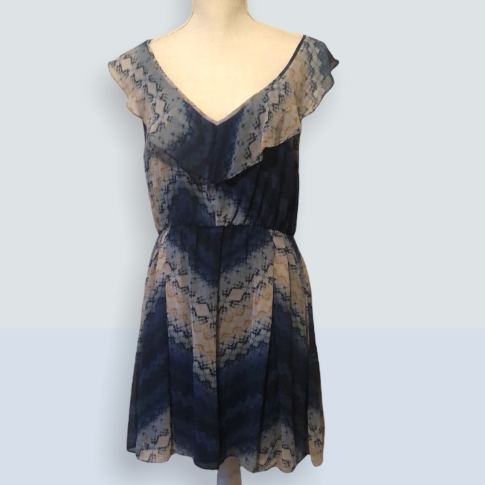 BCBG sleeveless mini dress, ruffle collar, blue, med.